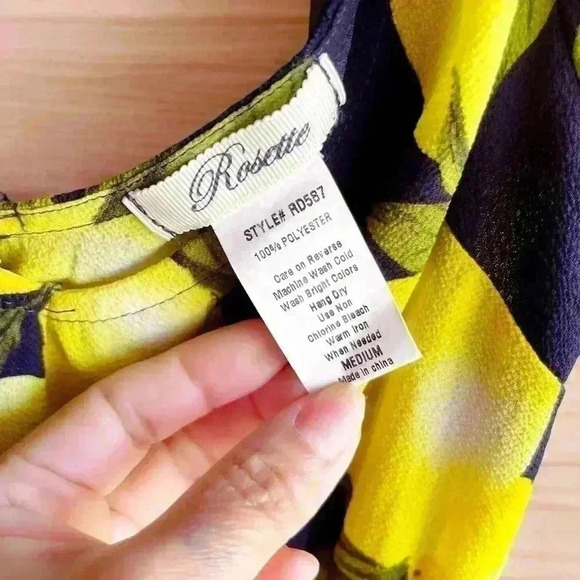 Women’s Rosette Spring Blue Dress With Yellow Lemons Flutter Sleeve Chiffon M - Picture 9 of 14